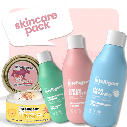 Tuco Intelligent Skincare Pack for Kids - Natural Care Set. Includes Red Beetroot Dual Lip and Cheek Tint (10g), Suns-Cream SPF 30 (50g) with saffron, Everything Lotion (300ml) with aloe vera and almond oil, Grime Master Shower Gel (300ml) with saffron and tulsi, and Hair Brained Shampoo (300ml) with hibiscus and henna oil. Ideal for kids' daily skincare, made with natural, gentle ingredients