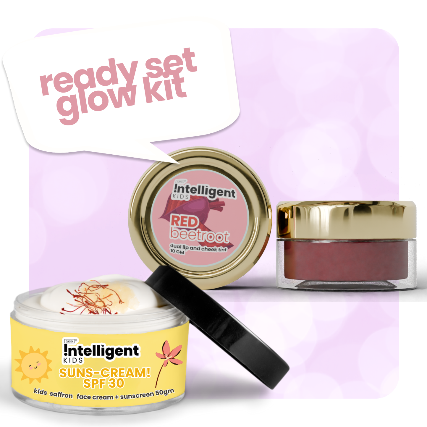 Tuco Intelligent Ready Set Glow Kit for Kids - Natural Skincare Pack. Includes Red Beetroot Dual Lip and Cheek Tint (10g) for a natural, healthy flush and Suns-Cream SPF 30 (50g) with saffron for sun protection and moisturizing. Gentle, effective skincare solutions designed for children to keep their skin radiant, protected, and nourished. Ideal for daily use, made with natural ingredients, and safe for sensitive skin.