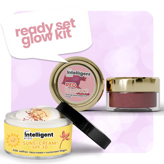 Tuco Intelligent Ready Set Glow Kit for Kids - Natural Skincare Pack. Includes Red Beetroot Dual Lip and Cheek Tint (10g) for a natural, healthy flush and Suns-Cream SPF 30 (50g) with saffron for sun protection and moisturizing. Gentle, effective skincare solutions designed for children to keep their skin radiant, protected, and nourished. Ideal for daily use, made with natural ingredients, and safe for sensitive skin.