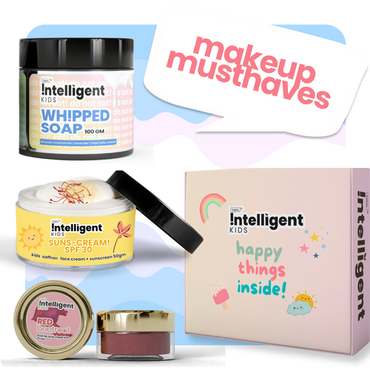 Tuco Intelligent Makeup Musthaves for Kids - Essential Beauty and Skincare Set. Includes Whipped Soap (100g) with almond, chamomile, and lavender, Suns-Cream SPF 30 (50g) with saffron for sun protection and moisturizing, and Red Beetroot Dual Lip and Cheek Tint (10g) for a natural flush. Perfect for keeping kids' skin clean, protected, and glowing."