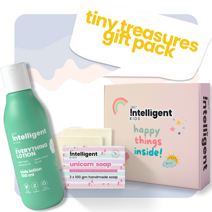 Tuco Intelligent Tiny Treasures Gift Pack for Kids - Essential Skincare Set. Includes Everything Lotion (100ml) with aloe vera, almond oil, and cedarwood for hydration, and Unicorn Soap (2x100g) with coconut oil, milk protein, almond oil, and shea butter for gentle cleansing and moisturizing. Perfect for keeping kids' skin soft, nourished, and happy