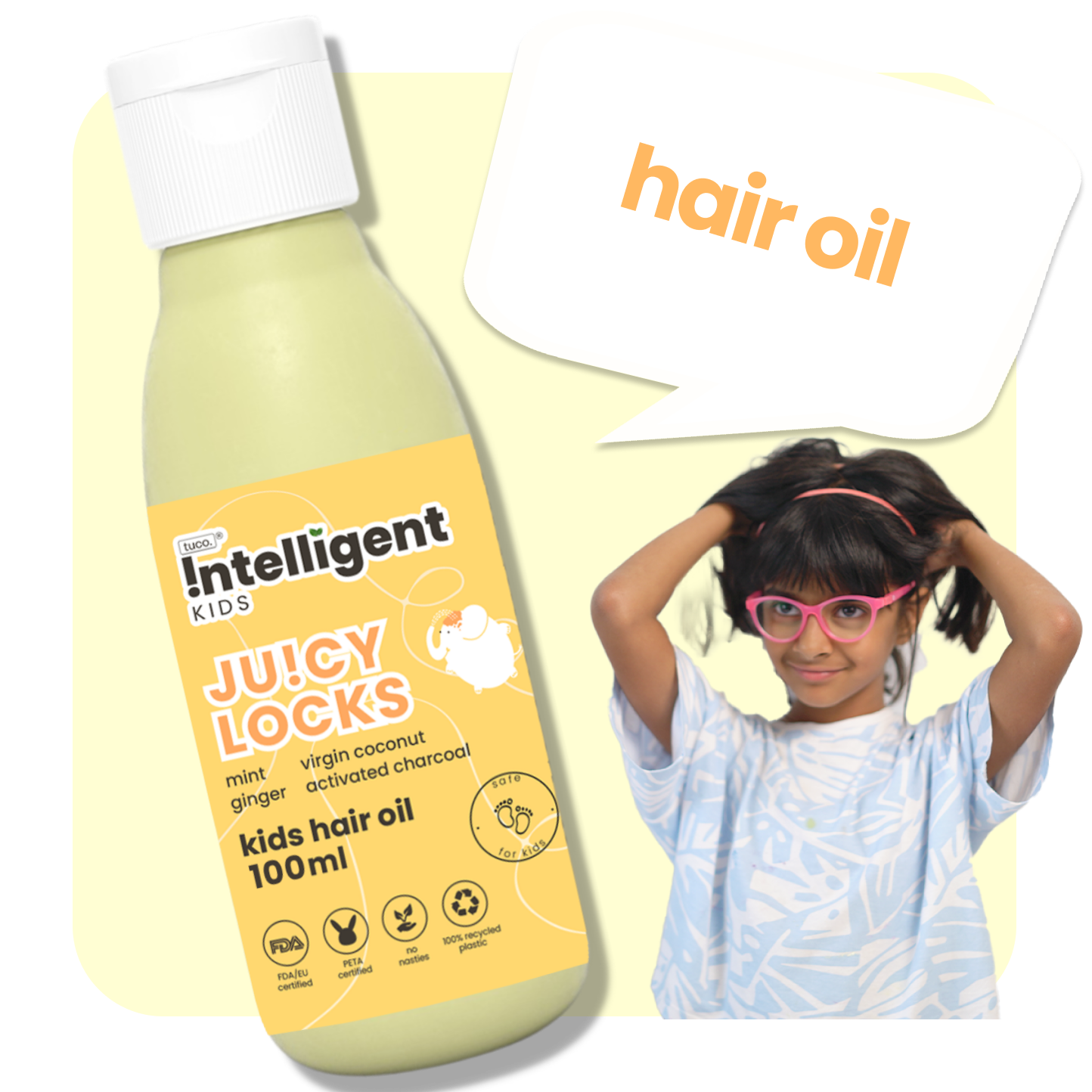 A nourishing hair oil formulated for children. This unique blend of botanical ingredients offers various benefits for young hair. Mint and ginger promote a refreshing sensation and stimulate the scalp, while virgin coconut oil provides deep conditioning. Activated charcoal helps in maintaining a clean scalp environment. Altogether it fights dandruff, boosts scalp and hair health.
