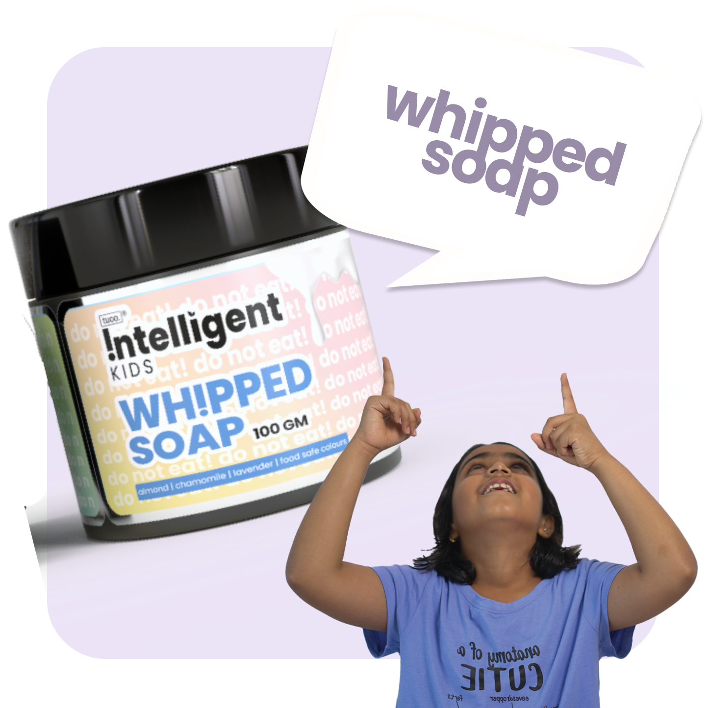 our lavender soap butter for kids, featuring almond oil, chamomile, and lavender. Intelligent Kids Whipped Soap is a natural, organic, and chemical-free moisturizing soap that soothes and nourishes sensitive children's skin. Ideal for daily use to maintain healthy, hydrated skin with a calming lavender scent.