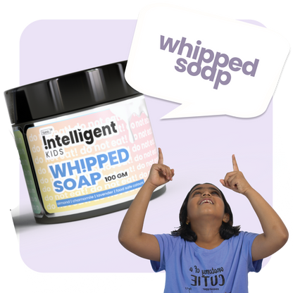 our lavender soap butter for kids, featuring almond oil, chamomile, and lavender. Intelligent Kids Whipped Soap is a natural, organic, and chemical-free moisturizing soap that soothes and nourishes sensitive children's skin. Ideal for daily use to maintain healthy, hydrated skin with a calming lavender scent.