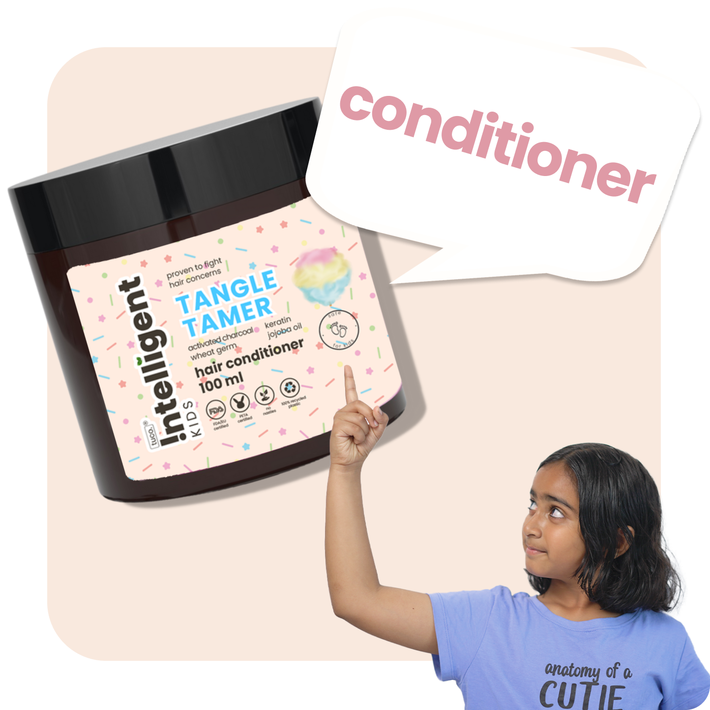 Tuco Intelligent Tangle Tamer Kids' Conditioner: A nourishing blend with activated charcoal, wheat germ, jojoba oil, and keratin. SLS, paraben, and phthalate-free, vegan, and PETA certified, it gently detangles and cares for delicate skin, perfect for eco-conscious families