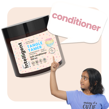 Tuco Intelligent Tangle Tamer Kids' Conditioner: A nourishing blend with activated charcoal, wheat germ, jojoba oil, and keratin. SLS, paraben, and phthalate-free, vegan, and PETA certified, it gently detangles and cares for delicate skin, perfect for eco-conscious families