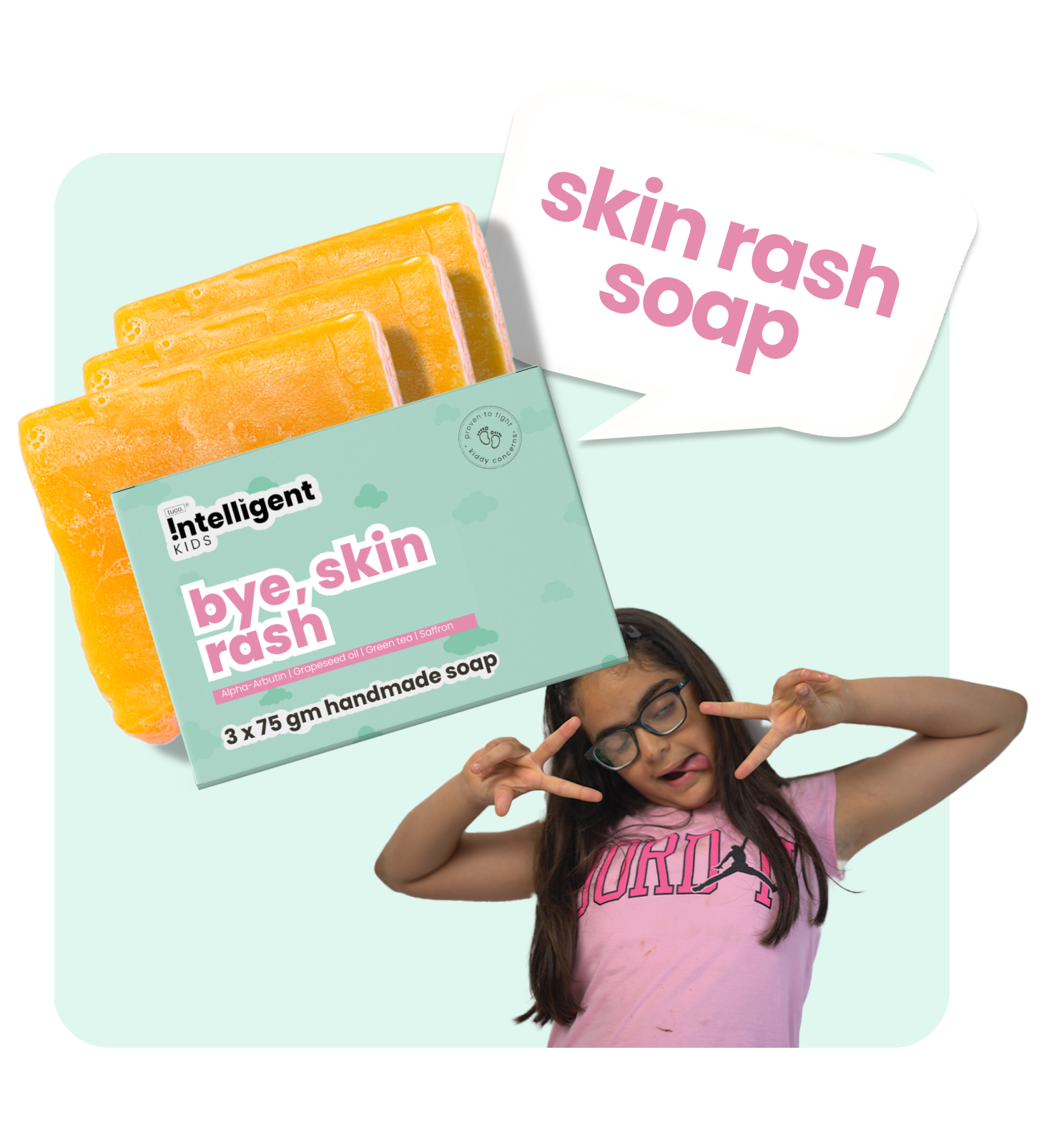 Experience the soothing power of Tuco Intelligent's Bye Bye Skin Rash Soap, packed with natural ingredients. Alpha Arbutin brightens and evens skin tone, while Grapeseed Oil, rich in Vitamin E, locks in moisture. Green Tea controls oil production, and Saffron protects against rashes and allergies, leaving your child's skin healthy and radiant.
