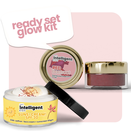 Tuco Intelligent Ready Set Glow Kit for Kids - Natural Skincare Pack. Includes Red Beetroot Dual Lip and Cheek Tint (10g) for a natural, healthy flush and Suns-Cream SPF 30 (50g) with saffron for sun protection and moisturizing. Gentle, effective skincare solutions designed for children to keep their skin radiant, protected, and nourished. Ideal for daily use, made with natural ingredients, and safe for sensitive skin.