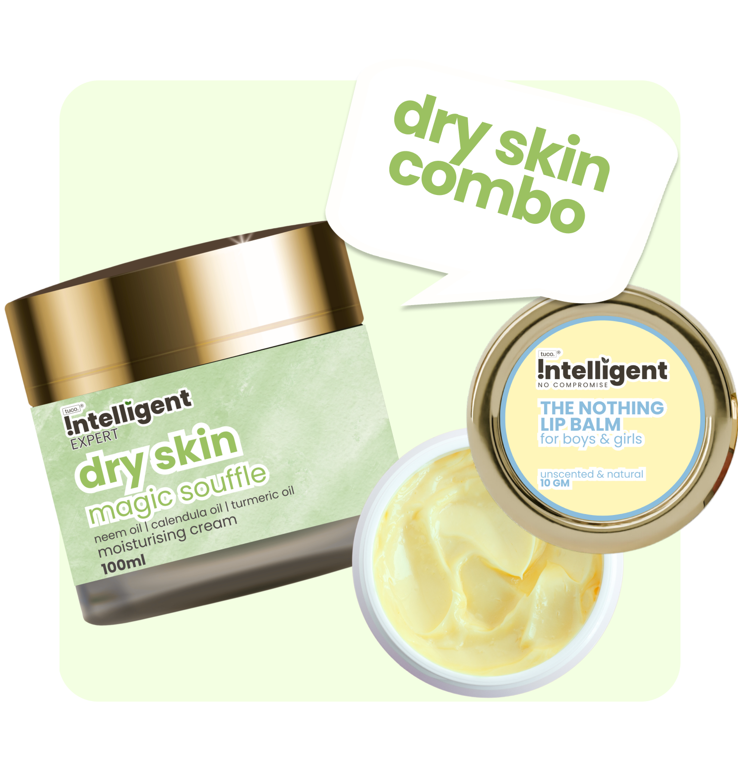 Tuco Intelligent Kids Benefits of Dry Skin Magic Souffle and The Nothing Lip Balm - Dry Skin Magic Souffle with Neem, Calendula, and Turmeric - Treats Dry Skin, Soothes Inflammation, Reduces Blemishes, and Provides Hydration - The Nothing Lip Balm with Jojoba Oil - 