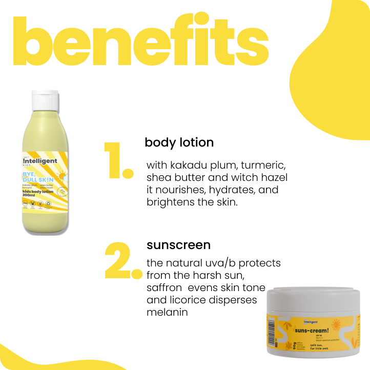 Does your child’s skin look dull and tanned from outdoor play? Discover the Tuco Kids Bright Skin Kit, crafted for kids aged 3-15. Includes Kakadu Plum Lotion to hydrate and smooth skin, and SPF 50 Saffron Face Cream to protect and brighten. Safe for sensitive skin, free from parabens, SLS, and harsh chemicals. Say hello to radiant, even-toned skin!


