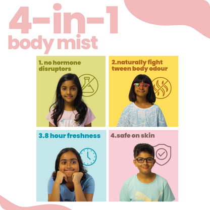 4-in-1 Body Mist for Kids -&nbsp;The Girls Wanna Have Fun is specially designed to help with tween body odour and provide hydration&nbsp;with no hormone disruptors. Lasting up to 8 hours, it’s infused with natural papaya extract, grape extract, and vetiver. With all the properties of an adult deodorant but none of the harmful effects, it’s the perfect choice for your daughter to stay fresh, confident, and carefree!