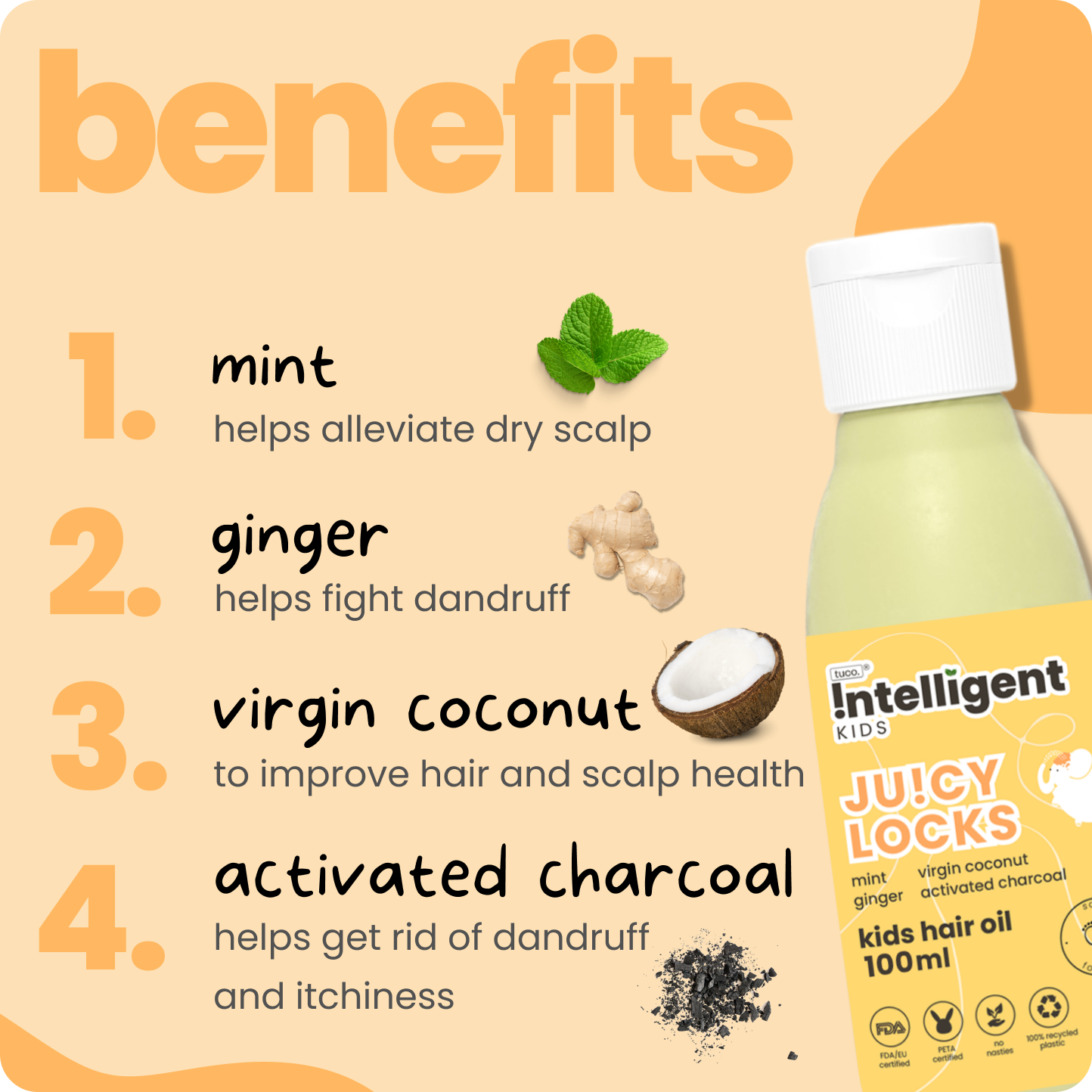 A nourishing hair oil formulated for children. This unique blend of botanical ingredients offers various benefits for young hair. Mint and ginger promote a refreshing sensation and stimulate the scalp, while virgin coconut oil provides deep conditioning. Activated charcoal helps in maintaining a clean scalp environment. Altogether it fights dandruff, boosts scalp and hair health.