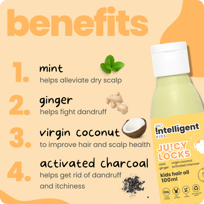 A nourishing hair oil formulated for children. This unique blend of botanical ingredients offers various benefits for young hair. Mint and ginger promote a refreshing sensation and stimulate the scalp, while virgin coconut oil provides deep conditioning. Activated charcoal helps in maintaining a clean scalp environment. Altogether it fights dandruff, boosts scalp and hair health.