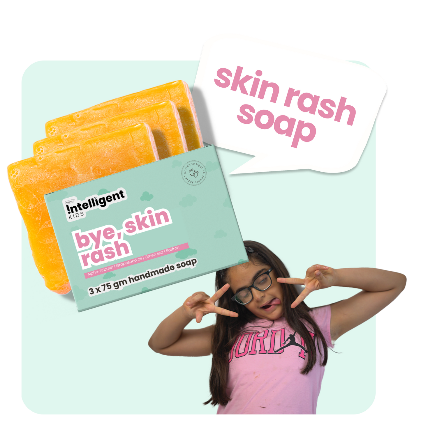 Say goodbye to rashes with Tuco Kids Bye Bye Rashes Soap by Tuco Intelligent. Specially crafted for sensitive skin, it’s enriched with Alpha Arbutin, Grapeseed Oil, Green Tea, and Saffron to cleanse gently, soothe inflammation, and promote healthy, glowing skin. Perfect for kids who need extra care for their delicate skin!







