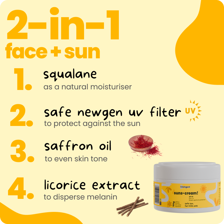 TuCo Intelligent Suns-Cream SPF 50 is a 2-in-1 face cream and sunscreen designed for kids aged 3 and up. Formulated with natural ingredients like Saffron to brighten and even skin tone, and Squalane to deeply hydrate, this lightweight, non-greasy sunscreen protects delicate skin from harmful UV rays. Free from SLS, Parabens, and Phthalates, it’s PETA Certified cruelty-free and packaged in eco-friendly, 100% recycled plastic, making it a safe, effective, and sustainable choice for kids' skincare.