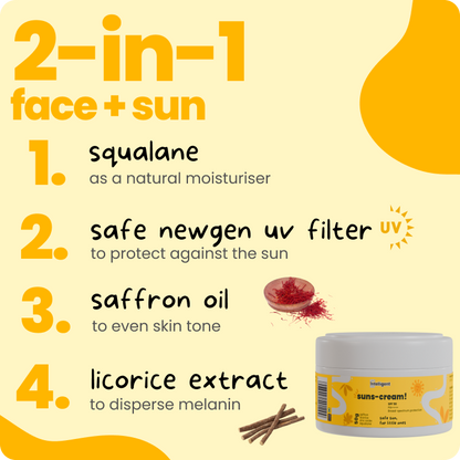 TuCo Intelligent Suns-Cream SPF 50 is a 2-in-1 face cream and sunscreen designed for kids aged 3 and up. Formulated with natural ingredients like Saffron to brighten and even skin tone, and Squalane to deeply hydrate, this lightweight, non-greasy sunscreen protects delicate skin from harmful UV rays. Free from SLS, Parabens, and Phthalates, it’s PETA Certified cruelty-free and packaged in eco-friendly, 100% recycled plastic, making it a safe, effective, and sustainable choice for kids' skincare.