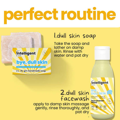 Combo: Dull Skin Soap & Facewash - Not just a kids/baby facewash, but also a gentle exfoliator & brightener. Tough on germs, gentle on skin. Ingredients: Kakadu plum, Liquorice Root, Safflower seed oil, Witch Hazel, Rosehip Oil. Not just a kids/baby mild soap, but also a gentle exfoliator & brightener. Tough on germs, gentle on skin. Ingredients: Virgin Coconut, Olive Oil, Shea Butter, Witch Hazel, Turmeric, Rosehip Oil, Castor Oil, Pomegranate.