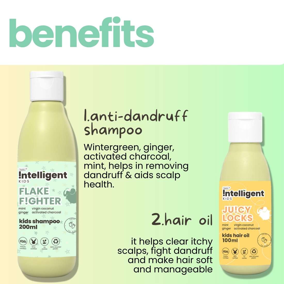 TuCo Intelligent Kids Anti-dandruff Oil & Shampoo Combo with Wintergreen, Ginger, Activated Charcoal, Mint & Virgin Coconut Oil. A comprehensive and gentle hair care solution designed to effectively combat dandruff, promotes scalp health & and promote a healthy scalp for kids