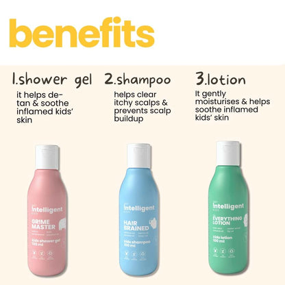 Intelligent Kids Mild Lotion, Body Wash, Shampoo, 100 ml X Pack of 3 Proven Effectiveness. Made with natural ingredients like Soapnut, henna, Body Wash: turmeric, Saffron. Lotion: virgin olive & lily oil, the range is formulated with nature’s super-botanicals, not chemical actives.