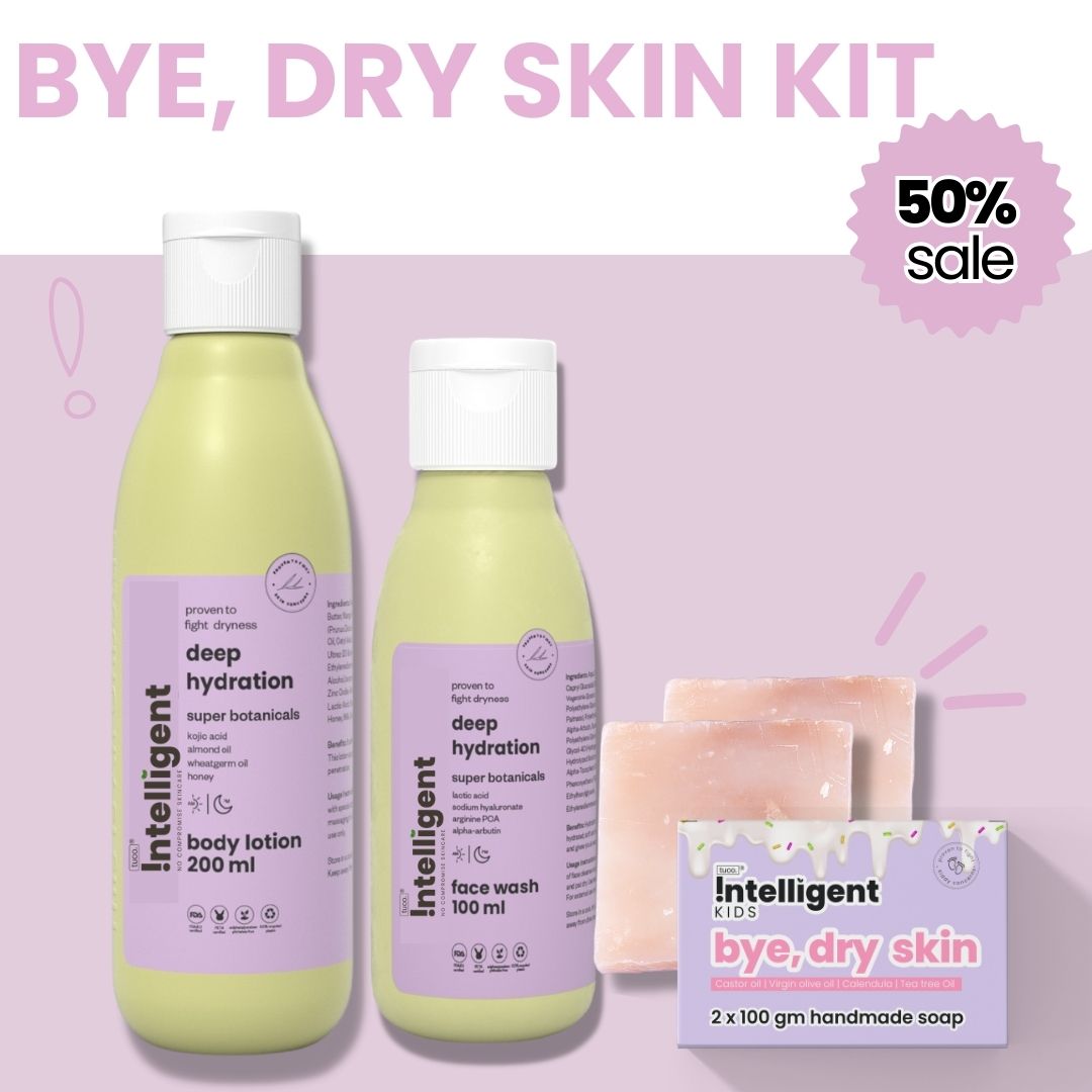 Dry skin kit for kids: Includes body lotion, face wash, and soap made with natural ingredients like calendula, tea tree oil, pomegranate, and chamomile. Gentle and nourishing skincare for kids.