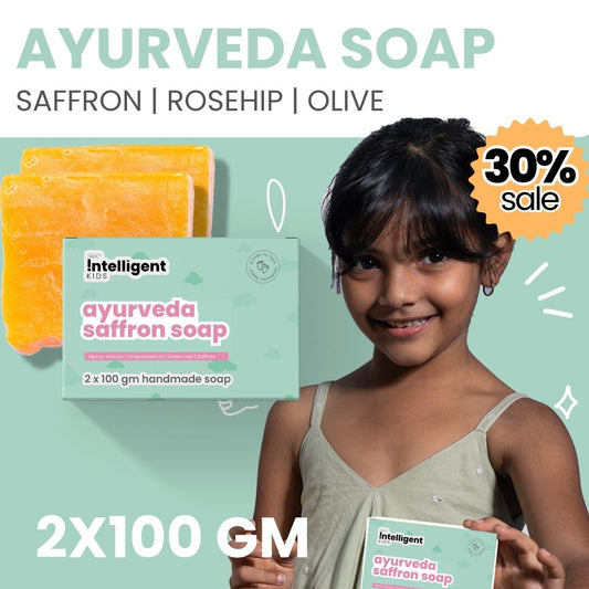 Intelligent Kids | Shop Intelligent Kids Don’t be sensitive, Skin Soap Pack of 2X100gm with Saffron Oil Proven to treat Sensitive Skin & heal Wounds Pack of 2X100gm with Virgin Coconut & Olive Oil for a gentle cleanse, Green tea prevents inflammation, Saffron helps even & brighten skin