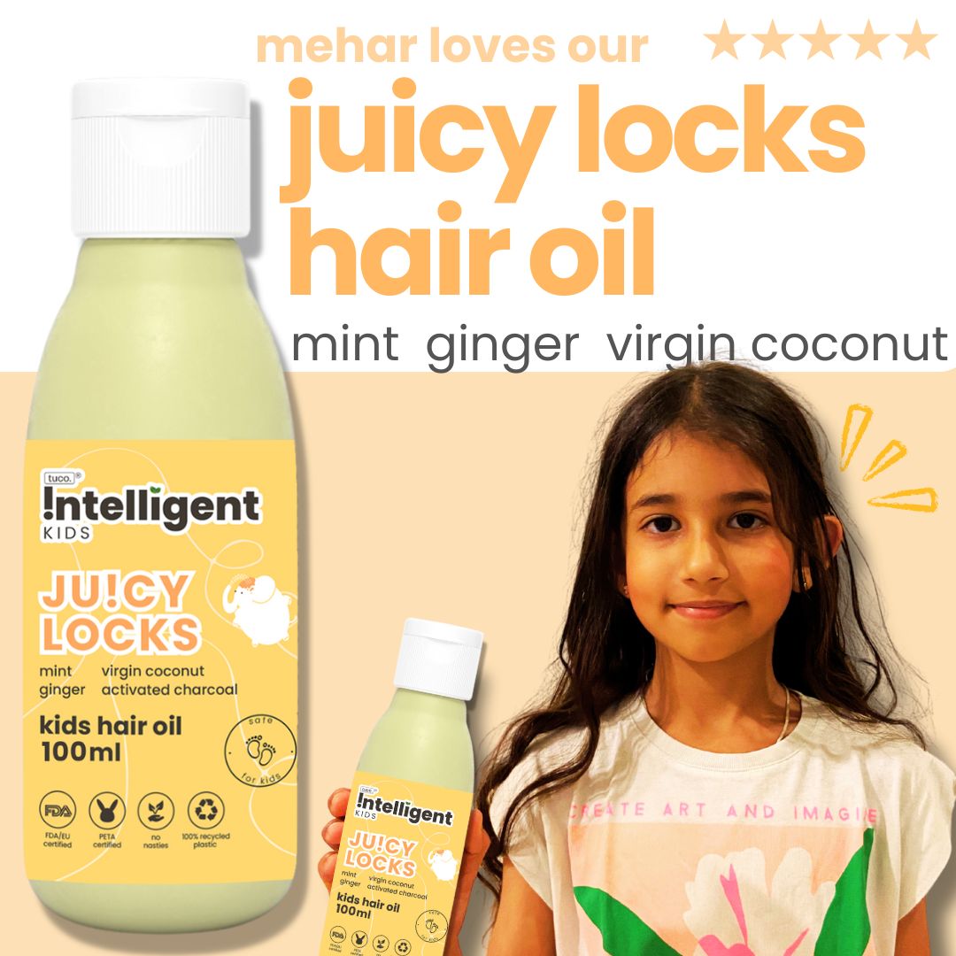 A nourishing hair oil formulated for children. This unique blend of botanical ingredients offers various benefits for young hair. Mint and ginger promote a refreshing sensation and stimulate the scalp, while virgin coconut oil provides deep conditioning. Activated charcoal helps in maintaining a clean scalp environment. Altogether it fights dandruff, boosts scalp and hair health.