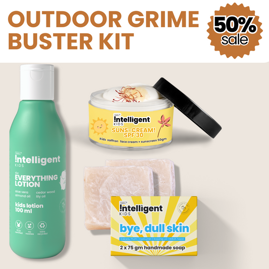 Tuco Intelligent Outdoor Grime Buster Kit - A comprehensive skincare solution for active kids. Includes Deep Clean Soap for gentle cleansing, Kids Lotion for soothing moisturization, and Saffron Face Cream Cum Sunscreen SPF 30 for sun protection. Made with natural ingredients like shea butter, almond oil, coconut, strawberry, wild carrot, lily, rosemary oils, saffron oil, and liquorice root. Ideal for boys and girls aged 3-15 years.