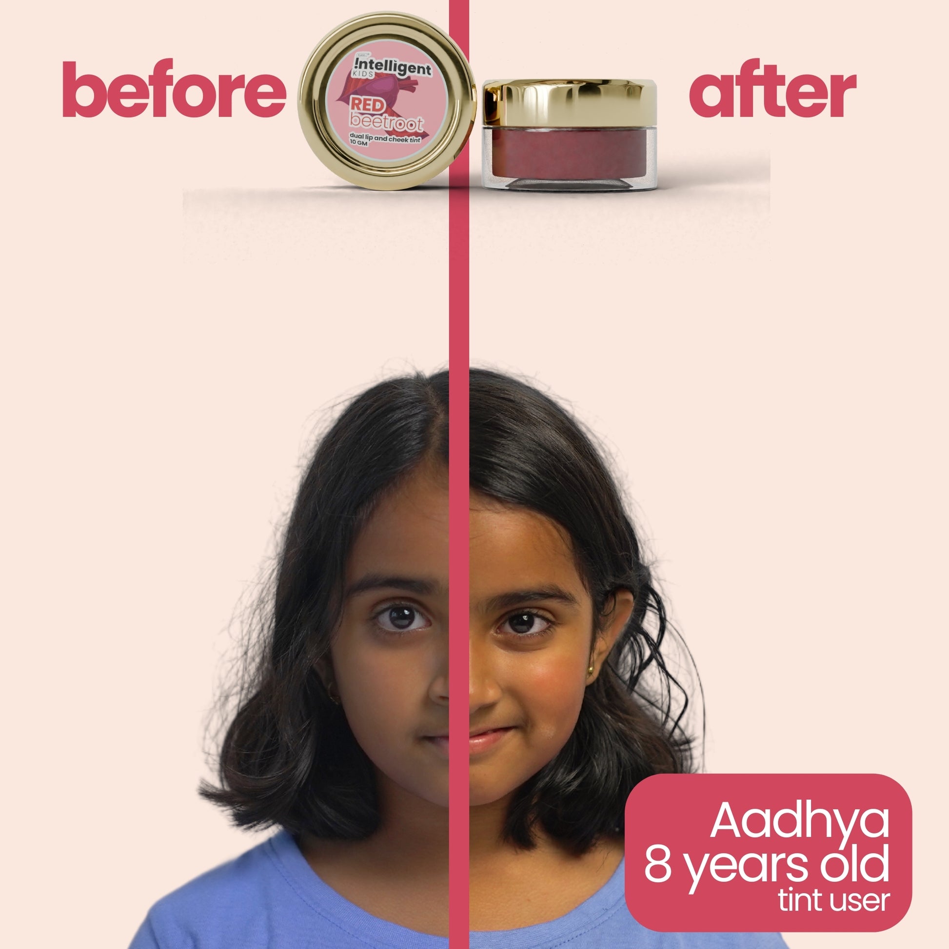 Before and After Using Tuco Intelligent Kids Red Beetroot Tint - 8-Year-Old Aadhya's Radiant Glow - Natural and Safe Lip and Cheek Tint for Kids - Enriched with Beetroot Extract - Gentle and Nourishing for Delicate Skin"