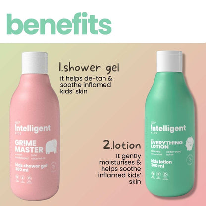 Combo: Gentle Kids Lotion & Shampoo - More than just mild! The lotion soothes inflamed skin and protects from the sun, while the shampoo clears itchy scalps and prevents buildup. Suitable for boys and girls aged 3-15. Ingredients include tulsi, saffron, sandalwood, virgin olive oil, and lily oil, all from nature's super-botanicals.