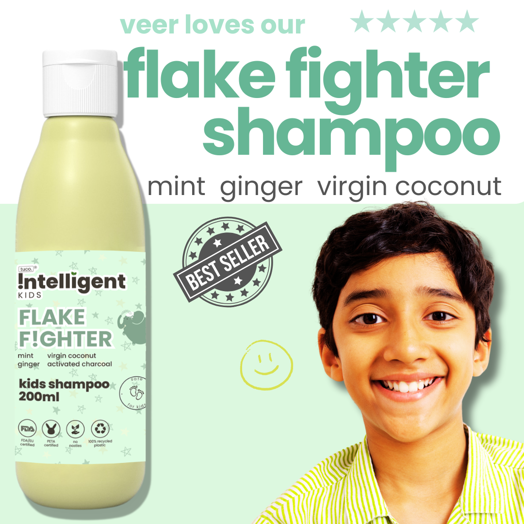 TuCo Intelligent Kids Anti-Dandruff Shampoo with Wintergreen, Ginger, Activated Charcoal, and Mint. A specialized shampoo formulated for children's hair and scalp. This shampoo is designed to address dandruff concerns while providing a refreshing and cleansing experience. Wintergreen and ginger help soothe the scalp, activated charcoal assists in scalp purification, and mint offers a cooling sensation.