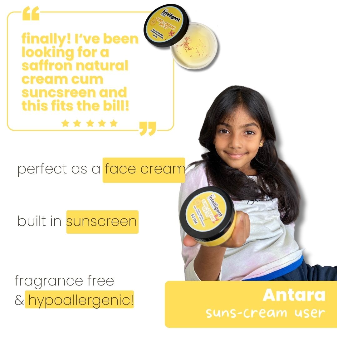 The sunscreen is chemical-free and safe for kids, offering protection against harmful UV rays while nourishing the skin. The saffron soothes, sandalwood cools, and cedarwood oil moisturizes, ensuring gentle care for delicate skin. Enjoy worry-free outdoor play with this skin-loving sunscreen.