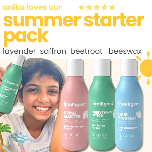 Intelligent Kids Summer Starter Pack : packMild Lotion, Body Wash, Shampoo, 100 ml X Pack of 3 Proven Effectiveness. Made with natural ingredients like Soapnut, henna, Body Wash: turmeric, Saffron. Lotion: virgin olive & lily oil, the range is formulated with nature’s super-botanicals, not chemical actives.