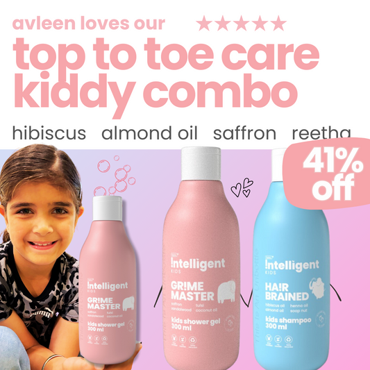 Combo: Gentle Kids Lotion & Shampoo - More than just bodywash, it soothes inflamed skin and protects from the sun, while the shampoo clears itchy scalps and prevents buildup. Suitable for boys and girls aged 3-15. Ingredients include tulsi, saffron, sandalwood, virgin olive oil, and lily oil, all from nature's super-botanicals.