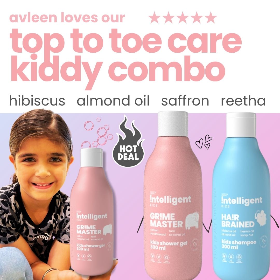 Combo: Gentle Kids Lotion & Shampoo - More than just bodywash, it soothes inflamed skin and protects from the sun, while the shampoo clears itchy scalps and prevents buildup. Suitable for boys and girls aged 3-15. Ingredients include tulsi, saffron, sandalwood, virgin olive oil, and lily oil, all from nature's super-botanicals.