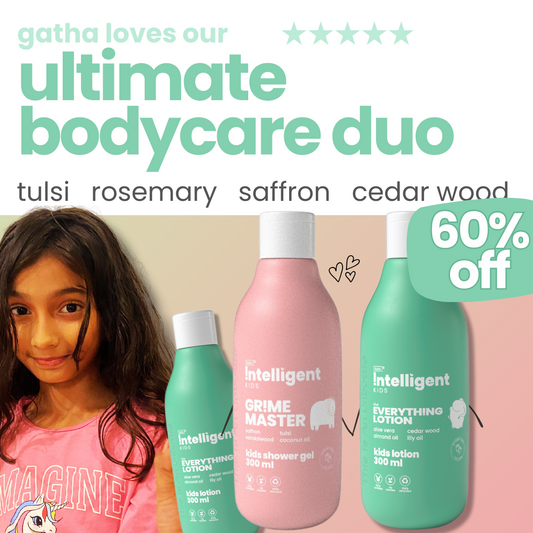 Combo: Gentle Kids Lotion & Shampoo - More than just mild! The lotion soothes inflamed skin and protects from the sun, while the shampoo clears itchy scalps and prevents buildup. Suitable for boys and girls aged 3-15. Ingredients include tulsi, saffron, sandalwood, virgin olive oil, and lily oil, all from nature's super-botanicals.