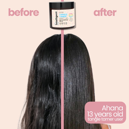 Before and After Using Tuco Intelligent Kids Tangle Tamer Hair Conditioner - 13-Year-Old Ahana's Noticeable Hair Transformation - Gentle and Effective Conditioner with Activated Charcoal, Keratin, Wheat Germ, and Jojoba Oil - Safe and Nourishing Haircare for Kids