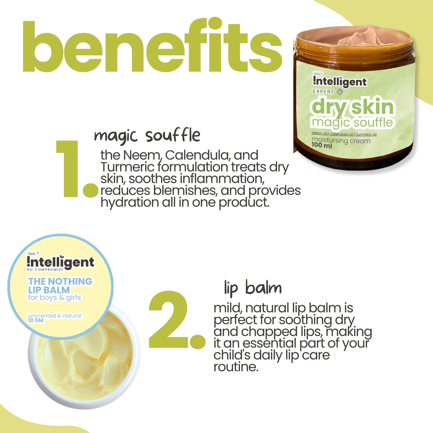 Tuco Intelligent Kids Benefits of Dry Skin Magic Souffle and The Nothing Lip Balm - Dry Skin Magic Souffle with Neem, Calendula, and Turmeric - Treats Dry Skin, Soothes Inflammation, Reduces Blemishes, and Provides Hydration - The Nothing Lip Balm with Jojoba Oil - 