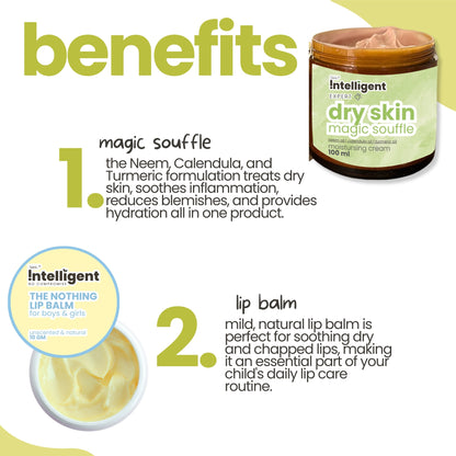 Tuco Intelligent Kids Benefits of Dry Skin Magic Souffle and The Nothing Lip Balm - Dry Skin Magic Souffle with Neem, Calendula, and Turmeric - Treats Dry Skin, Soothes Inflammation, Reduces Blemishes, and Provides Hydration - The Nothing Lip Balm with Jojoba Oil - 