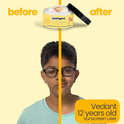 Before and After Image of 12-Year-Old Vedant Showing the Effectiveness of Intelligent Sunbeam Kids Sunscreen SPF 50 with Saffron for Clear and Protected Skin