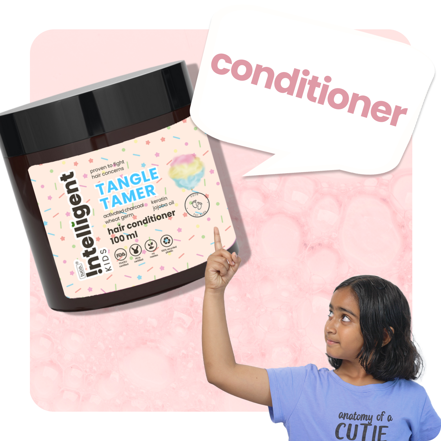 Tuco Intelligent Tangle Tamer Kids' Conditioner: A nourishing blend with activated charcoal, wheat germ, jojoba oil, and keratin. SLS, paraben, and phthalate-free, vegan, and PETA certified, it gently detangles and cares for delicate skin, perfect for eco-conscious families