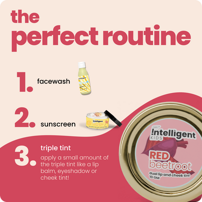Tuco Intelligent Triple Tint : The product is made with natural ingredients like beetroot, shea butter, and beeswax, providing a safe and chemical-free option for kids' makeup. Suitable for use on lips, cheeks, and eyelids, this tint adds a subtle flush of color while nourishing and hydrating the skin. Perfect for playtime or special occasions, it's a gentle and versatile choice for young ones.